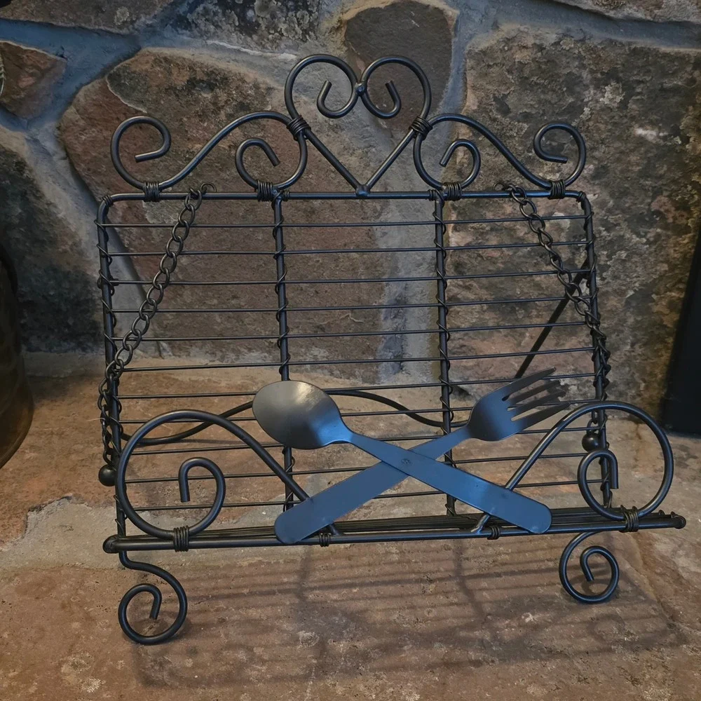 Black Wrought Iron Cookbook Stand Scrollwork Easel with Page Weights Fork Spoon